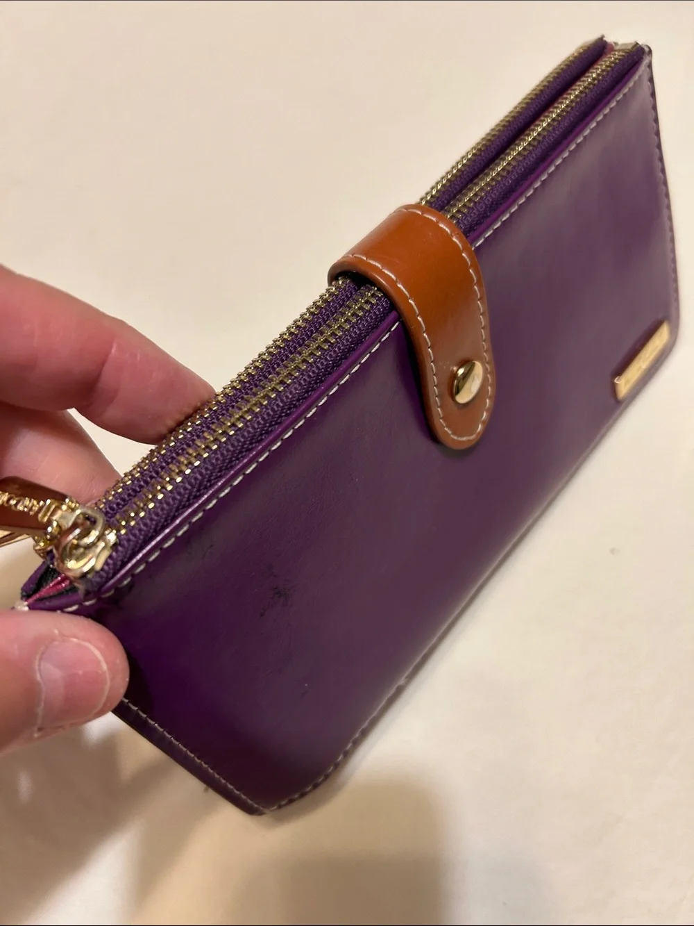 Purple Leather Zip Wallet with Brown Snap Strap